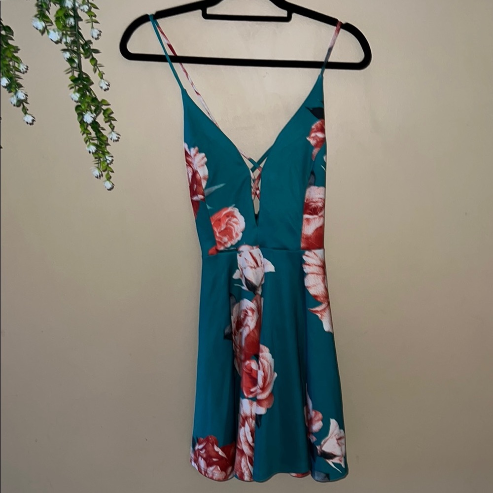 Fashion Nova Floral Mini Dress in Teal and Red